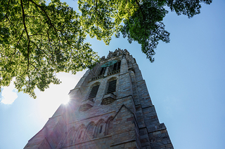 Harkness Tower with trees in frame