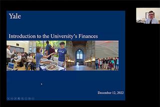 Zoom meeting during "How Yale Works: An Introduction to the University’s Finances" Speaker Series presentation